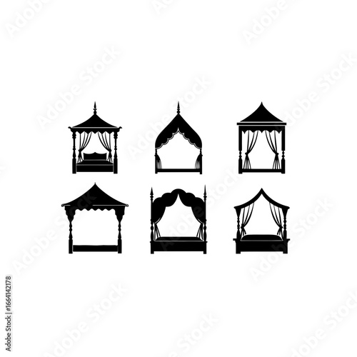 6 different canopy bed silhouette vector icons set