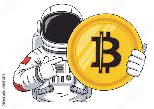 Astronaut holds a golden Bitcoin coin, pointing at it. A conceptual illustration representing the future of digital currency, crypto investment and the expansion of financial markets to the moon