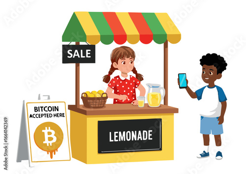 A charming illustration of children at a lemonade stand, showcasing a modern business concept where a young entrepreneur accepts digital currency