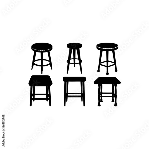 6 different stool silhouette vector icons set on w