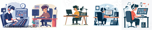 Sound Engineer Mixing Music in Recording Studio Vector Illustration
