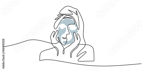 One line drawing of a woman with a facial mask and towel for spa