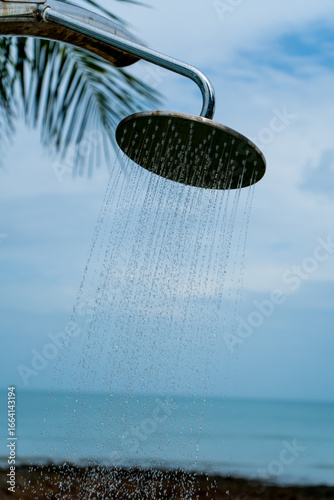 Tropical beach paradise outdoor shower with palm trees and sea views