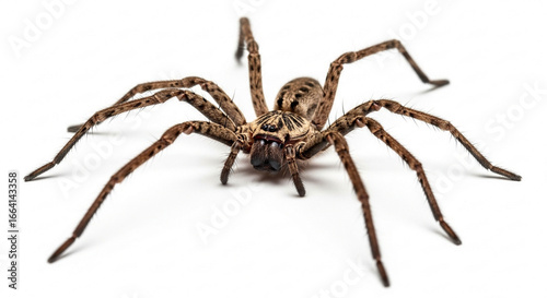 A large brown huntsman spider with long, hairy legs is isolated on a clean, white background, facing forward.