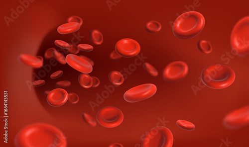 3d realistic vector background. Blood cells flowing in the artery banner. Anemia banner, medical cholesterol or diabetes treatment.