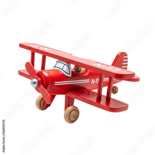 Red wooden biplane toy with pilot isolated on transparent background