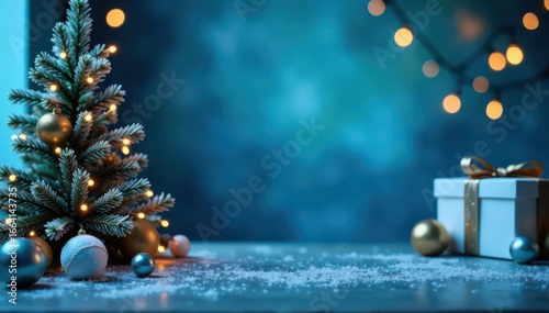 Blue Christmas backdrop, clean desk, product display space, modern, year