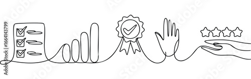 Minimalist continuous line drawing of checklist, bar chart, award badge, hand gesture, and five-star rating, symbolizing quality and feedback