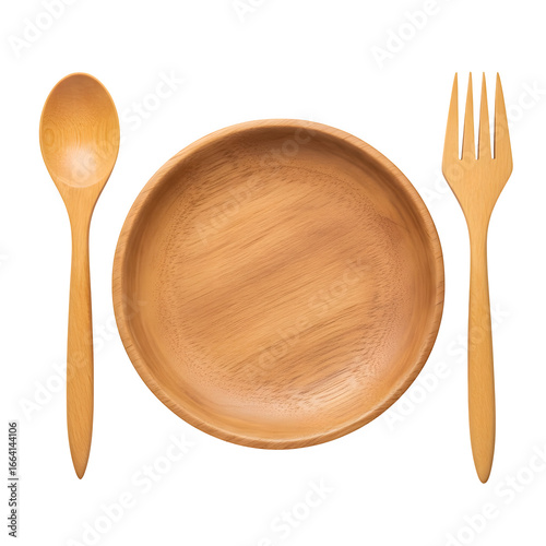 Single wooden plate, spoon, and fork set, eco-friendly and stylish, isolated on white or transparent background, ideal for culinary, kitchenware, and sustainable living designs