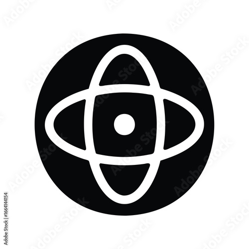 Abstract black and white symbol with central dot and orbital paths