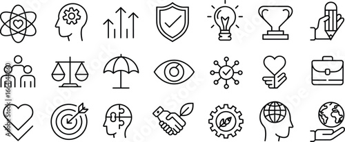 Business success icons, teamwork leadership, innovation ideas, global growth, security shield, creative strategy, vision target, sustainability handshake, flat vector illustration