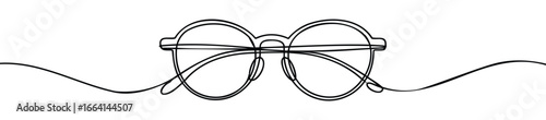 Minimalist continuous line drawing of round eyeglasses isolated on white background, symbolizing vision, clarity, intellect, and style