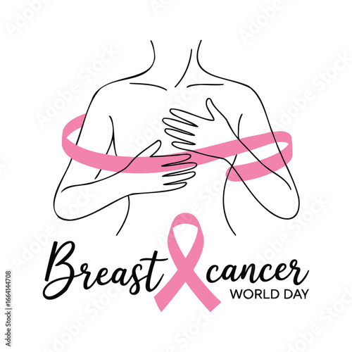 Minimalist continuous line drawing of woman with pink ribbon for Breast Cancer World Day, symbolizing awareness, hope, and health support