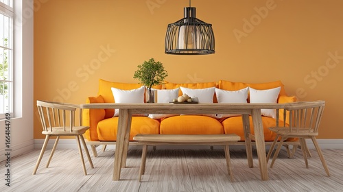 An orange living room with a wooden dining set.