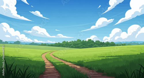 A vibrant cartoon illustration of a green field with a winding dirt road under a bright blue sky.