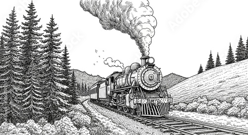 A detailed black and white illustration of a vintage steam train traveling through a mountainous landscape.