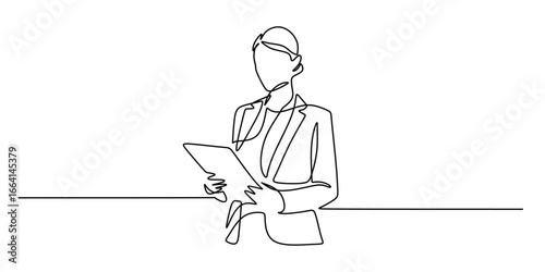 One Line Drawing of Businesswoman Holding Clipboard