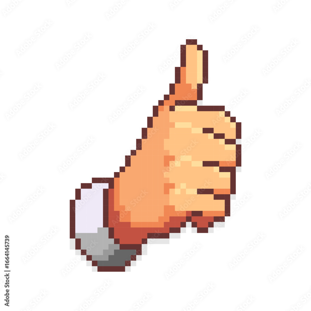 Obraz premium Pixel art of thumb up illustration. Pixelated hand gesturing thumbs up symbol. Old school computer graphic style. Pixel art 8-bit. Isolated vector illustration.