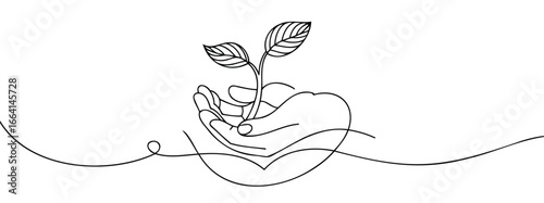 Minimalist continuous line drawing of human hand holding sprouting plant with leaves, symbolizing growth, care, sustainability, and nature