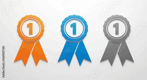 Three colorful first place ribbon awards in orange, blue, and gray on a white background.
