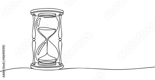 Minimalist continuous line drawing of classic hourglass isolated on white background, symbolizing time, patience, urgency, and life balance