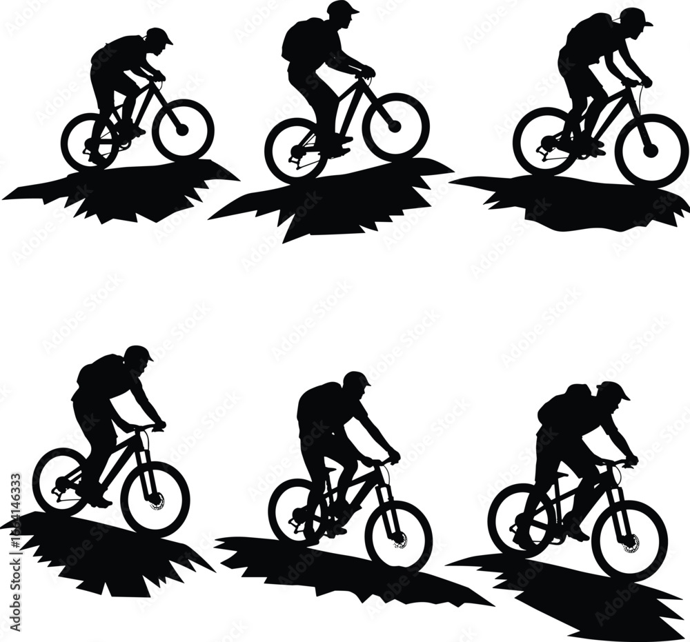 Obraz premium Mountain biker silhouettes riding, extreme sports, downhill cycling, mountain biking action, outdoor adventure, cyclist on trail, biking nature, extreme mountain biking, outdoor sports.