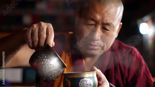 Buddhist monk pouring tea