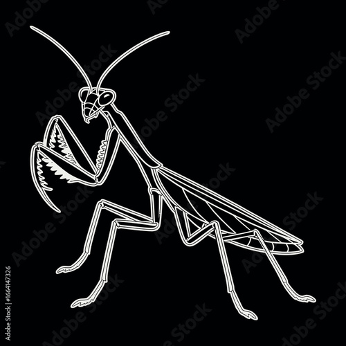 Detailed white outline drawing design of a praying mantis on a black background
