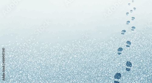 A light-blue background displays a trail of footprints, suggesting a journey or path through a snowy landscape.