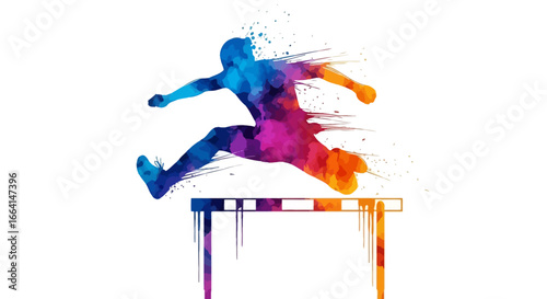 A vibrant, abstract athlete leaps over a hurdle, showcasing dynamic movement and colorful energy.
