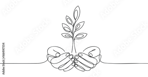 Minimalist continuous line drawing of two hands gently holding a growing plant, symbolizing care, sustainability, growth, and environmental protection