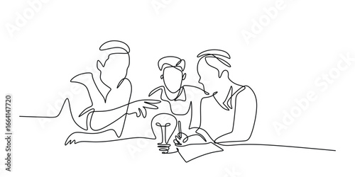 One Line Drawing of Group Brainstorming Around Light Bulb
