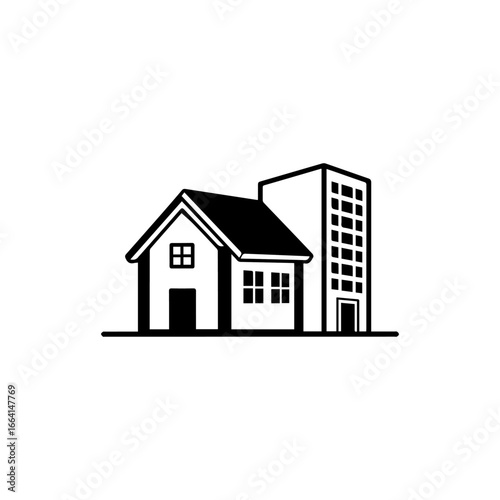 Simple black and white line art icon of a house and a highrise building representing real estate.