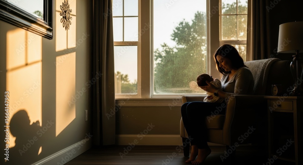 Fototapeta premium Serene morning moment as a loving mother cradles her newborn baby by a sunlit window, capturing the gentle bond and warm light