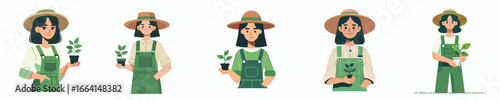 Flat Design Illustration of Woman Holding Potted Plants in Garden Scene