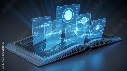 Wallpaper Mural Futuristic E-Book with Holographic Interface Displaying Planets and Data Visualization Torontodigital.ca