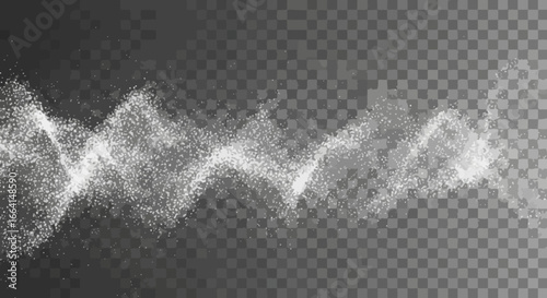 Abstract graphic design of white particles forming wavy patterns on a transparent background.