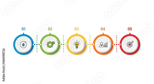 Modern infographic template illustrating a clear five-step business process or project development timeline, from initial concept to successful goal achievement