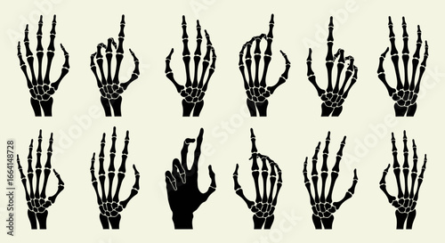 A collection of skeletal hand illustrations in various poses, including pointing and open hand gestures.