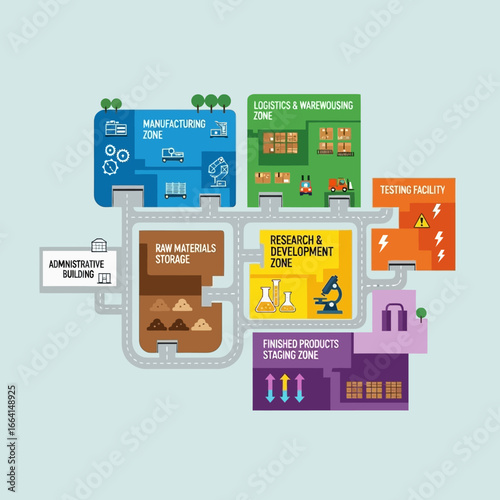 Conceptual infographic illustrating the layout and operational workflow of a modern industrial factory plant with various zones