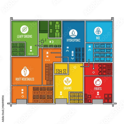 Detailed Illustration of a Modern Indoor Vertical Farm Layout with Various Growing Zones