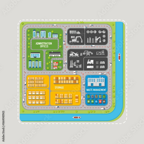 Modern industrial complex and logistics hub depicted in an overhead infographic, detailing administrative offices, storage, heavy machinery operations, and waste management facilities