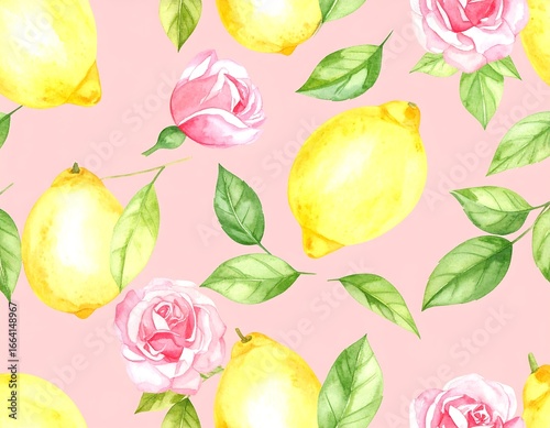 Watercolor pattern of lemons and roses on a pink background.  Fresh and springy