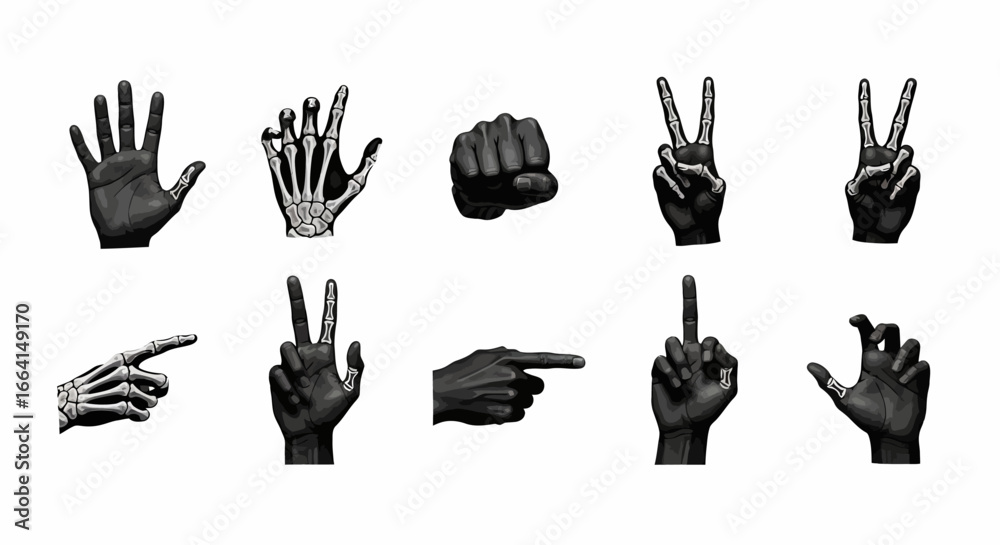 Fototapeta premium A collection of ten hand gestures, including open palm, skeleton hand, fist, peace sign, pointing, and middle finger, in black and white.