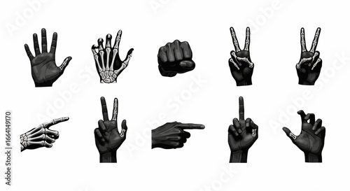 A collection of ten hand gestures, including open palm, skeleton hand, fist, peace sign, pointing, and middle finger, in black and white.