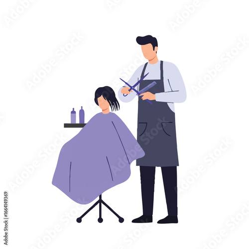 A minimalist 2D flat vector illustration depicts a professional hairdresser meticulously cutting a client's hair with clean lines and solid colors, isolated on a white background.