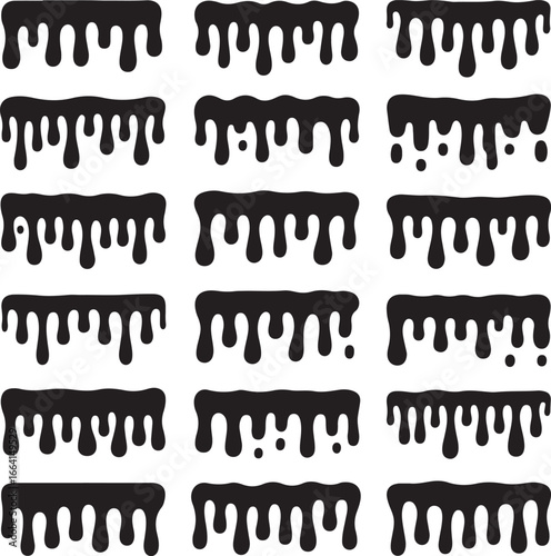 27 different black dripping border silhouettes, liquid drop patterns resembling blood, slime, and horror drips. Creepy and spooky vector set, flat solid black 