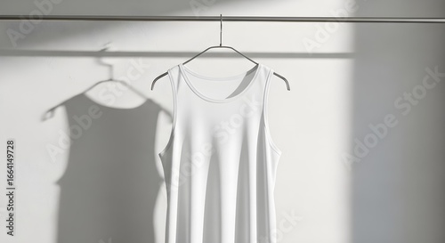 Plain white tank top hanging on a coat hanger with a shadow on the wall