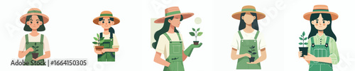 Modern Flat Design Vector of Female Farmer Caring for Green Seedlings