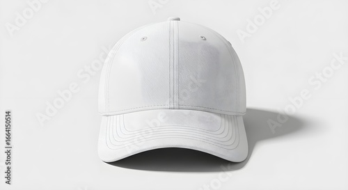 Front view of a clean, plain white baseball cap with a classic design, perfect for customization or everyday wear, isolated against a bright background